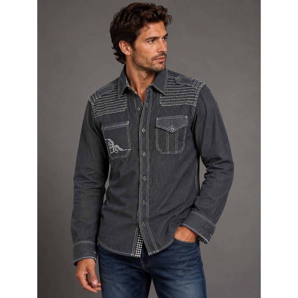 Affliction Black Premium Pinstripe Shirt Mens Medium Biker Grunge Western